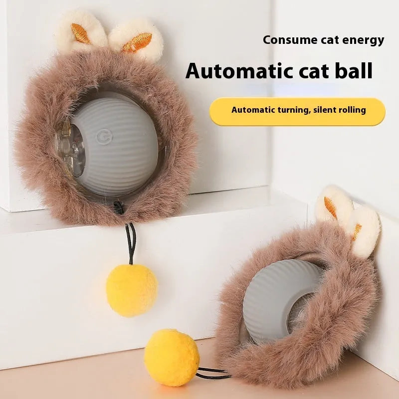 Silicone cat rolling ball toy with plush attachments in red, green, and grey colours