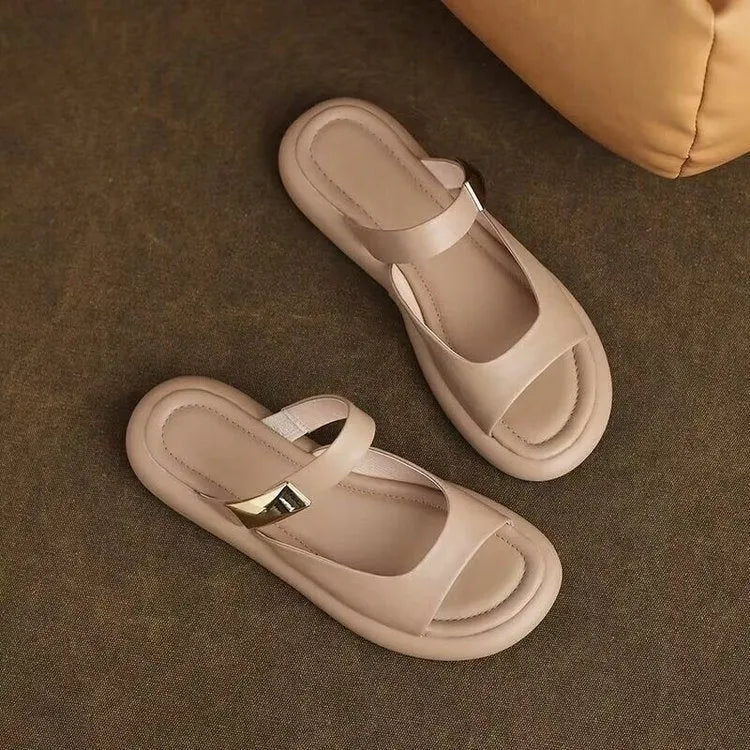 Apricot and white peep toe flat platform sandals with soft leather French design for outdoor casual wear