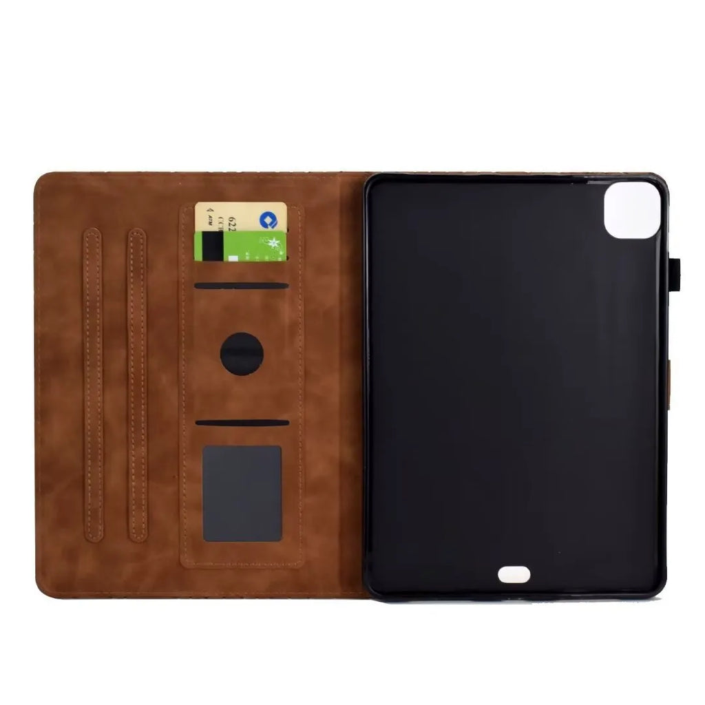 iPad Pro 11 leather case with diamond frosted texture showing card slots and adjustable stand mechanism