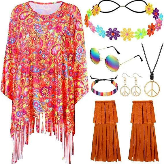 Tie dye cloak costume with bell sleeves in rainbow colours made from spandex fabric