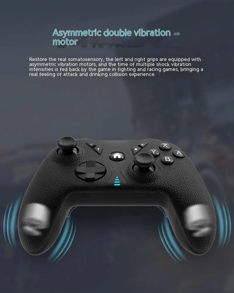 Black wireless game controller with leather-pattern grip for Nintendo Switch and PC.