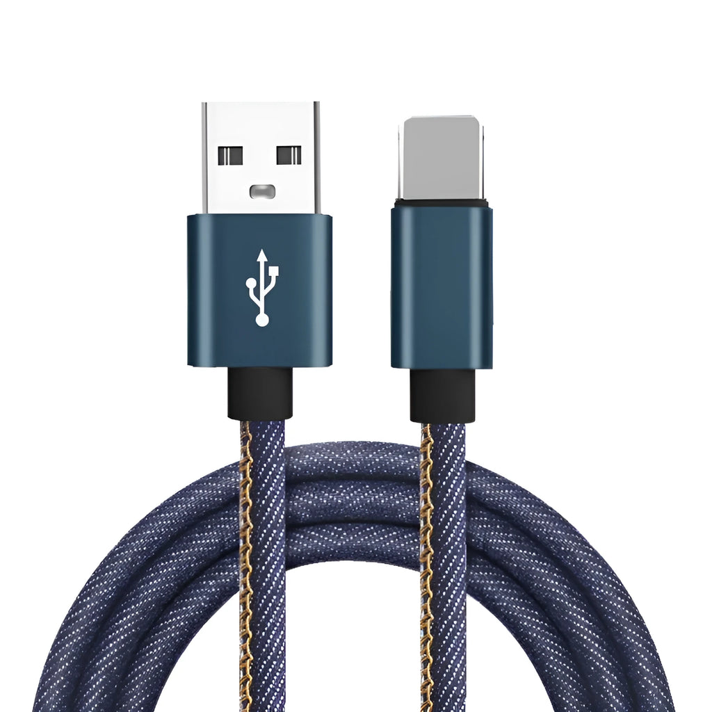 Denim braided USB-C charging cable with aluminium connectors shown in black, blue, and red colour options.