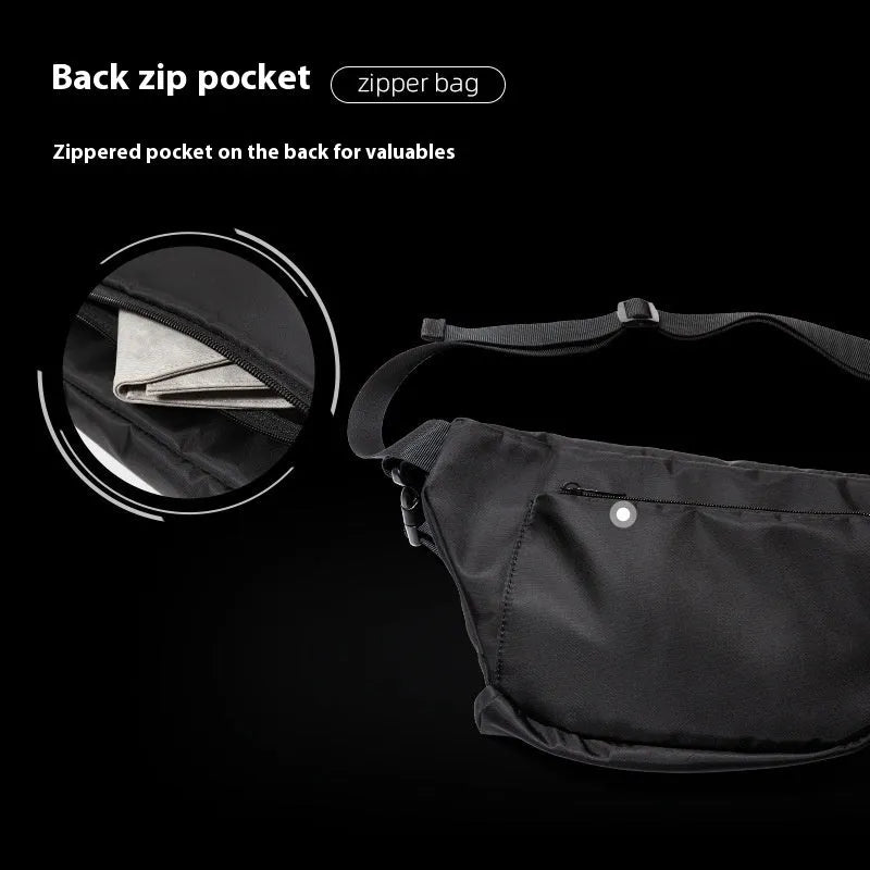 Black men's Oxford fabric chest bag with visible stitching, worn across the chest.