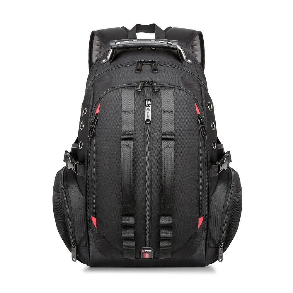 Black 16 inch Oxford cloth backpack with earphone hole, charging port, double shoulder straps and soft handle for notebook or tablet