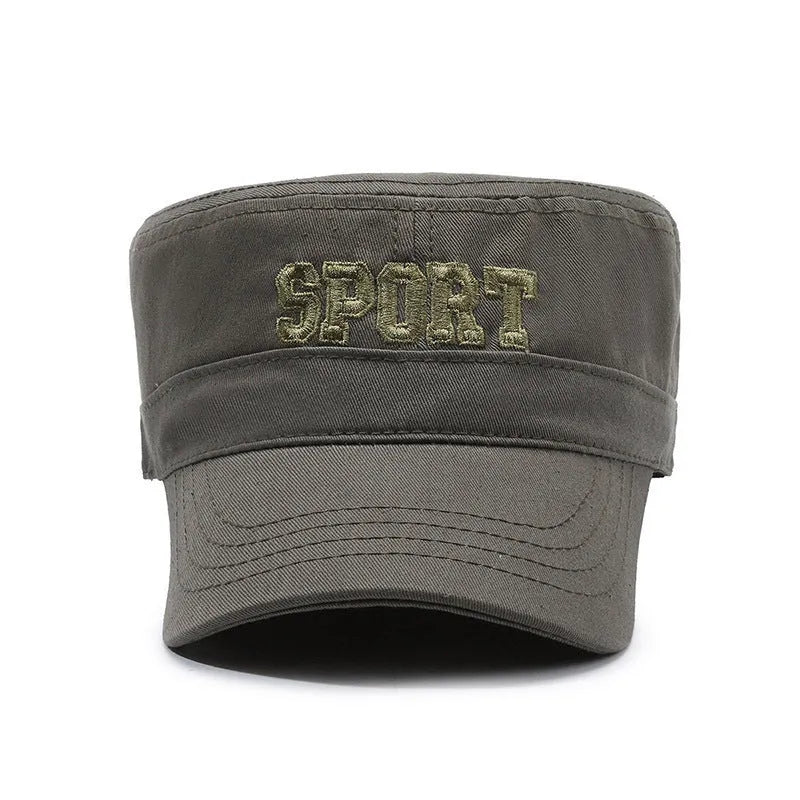 Cotton flat-top peaked cap in army green colour showing adjustable strap and dome crown