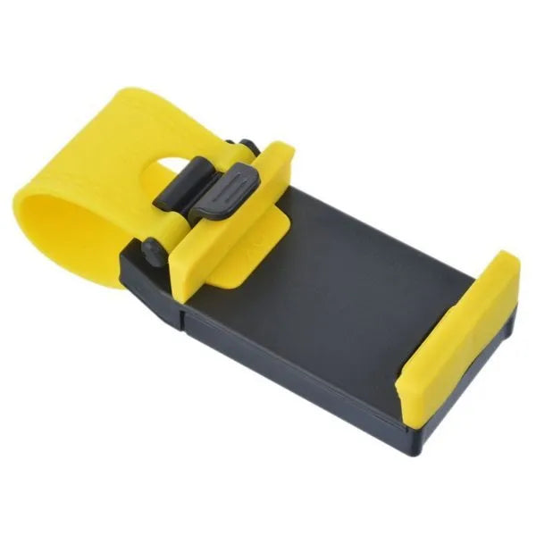 Black steering wheel phone mount holder clipped to a car wheel, holding a large smartphone.