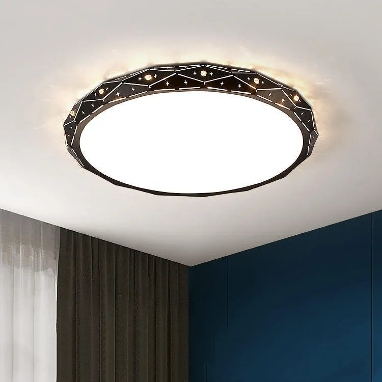 Round iron LED ceiling lamp with a black frame and dimmable light, mounted on a white ceiling.