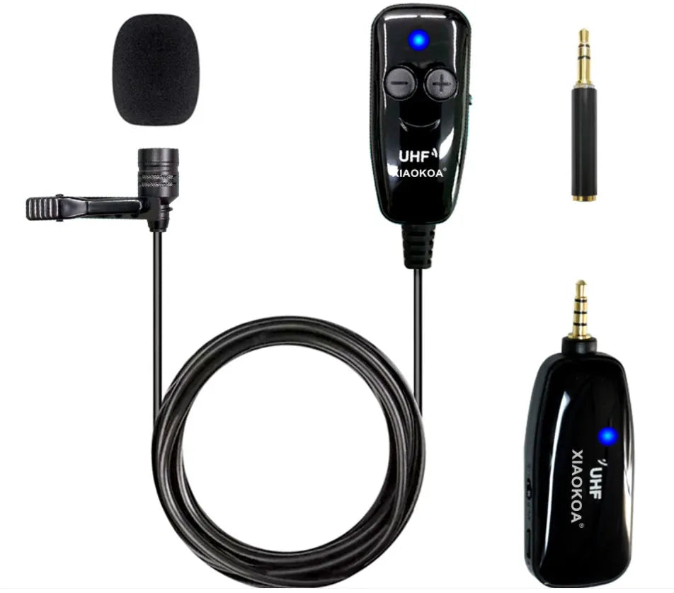 Black mobile phone lavalier microphone with 3.5mm TRS plug and omnidirectional pickup pattern