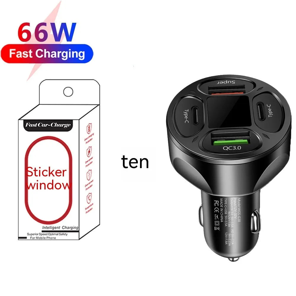 66W black digital display car charger with two USB and two Type-C ports showing voltage readout.