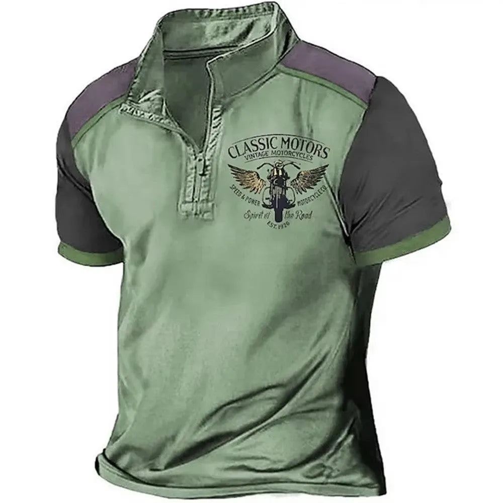 Men's loose fit golf polo shirt with 3D printed design on blue bird eye cloth.