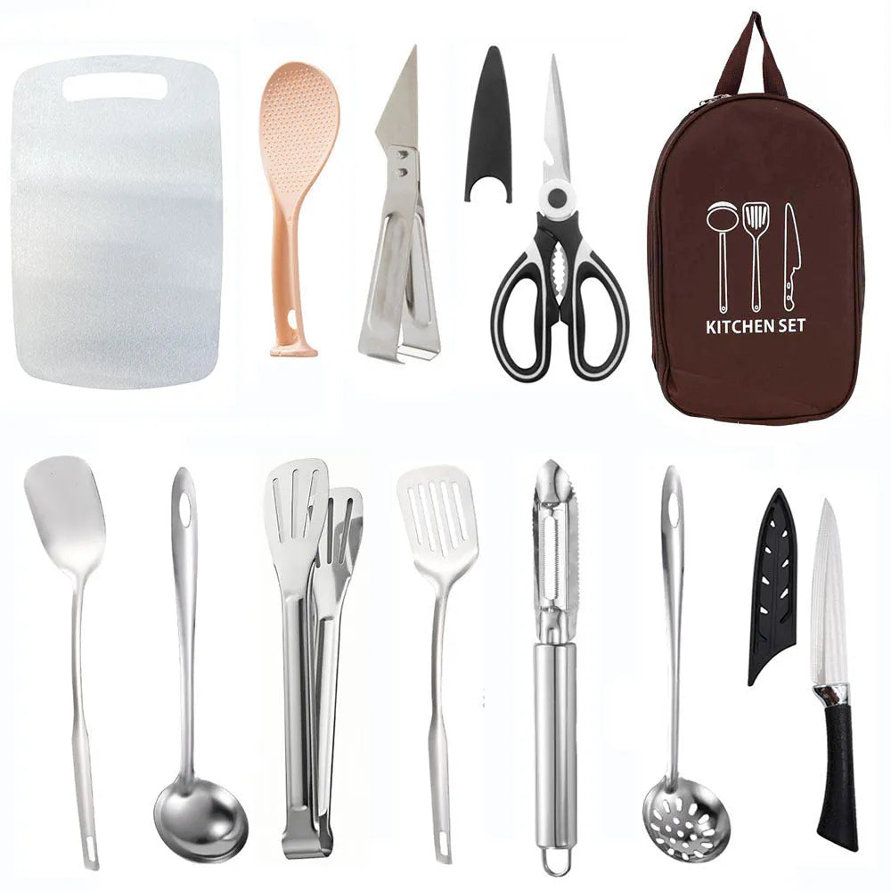 Multi-functional portable picnic kitchenware storage bag containing 12 piece stainless steel cutlery set