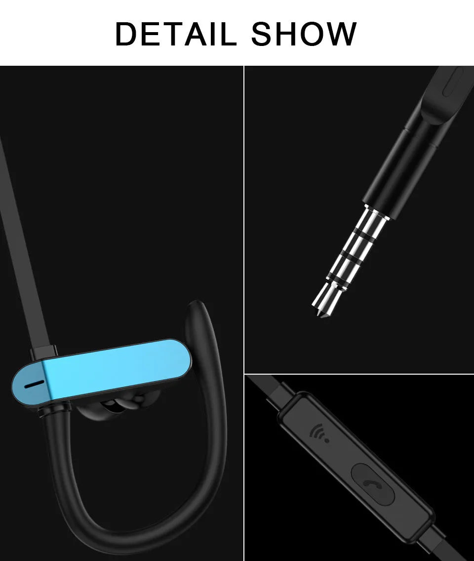 Black and blue sport earbuds with over-ear hooks and silicone tips shown next to a phone