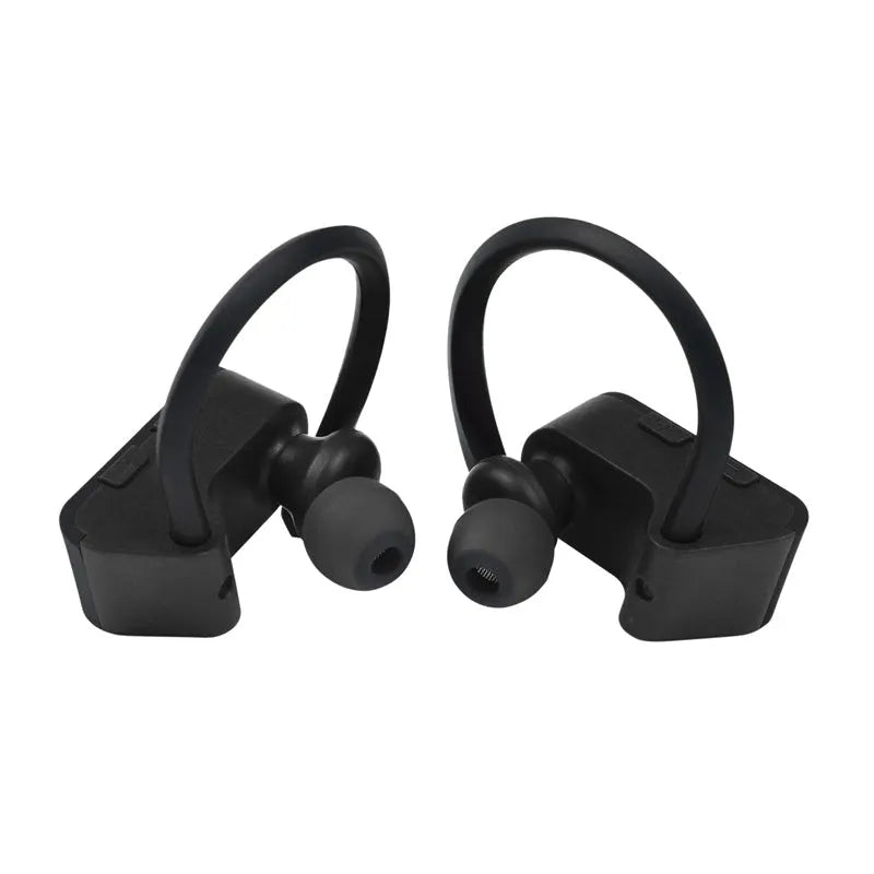 Black wireless Bluetooth earphones with ergonomic in-ear design showing buttons and LED indicator