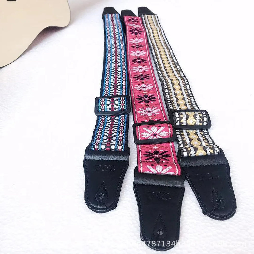 Adjustable embroidered guitar strap with thick webbing, 5cm width, 135-150cm length, six style options
