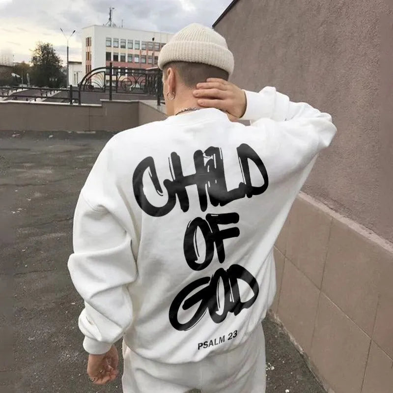 Child Of God print polyester sweatshirt with crew neck and long sleeves, shown in Apricot, Black, Dark Green, Light Blue, Red and White.