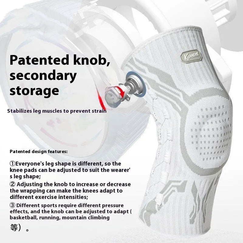 Grey and white sports kneecaps with left and right specific design for basketball, running, football, badminton