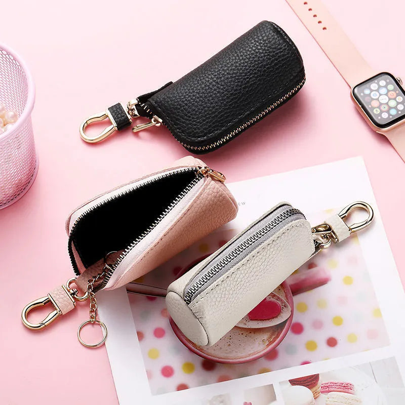 Men's black PU zipper key case with macaron colour options for key organisation