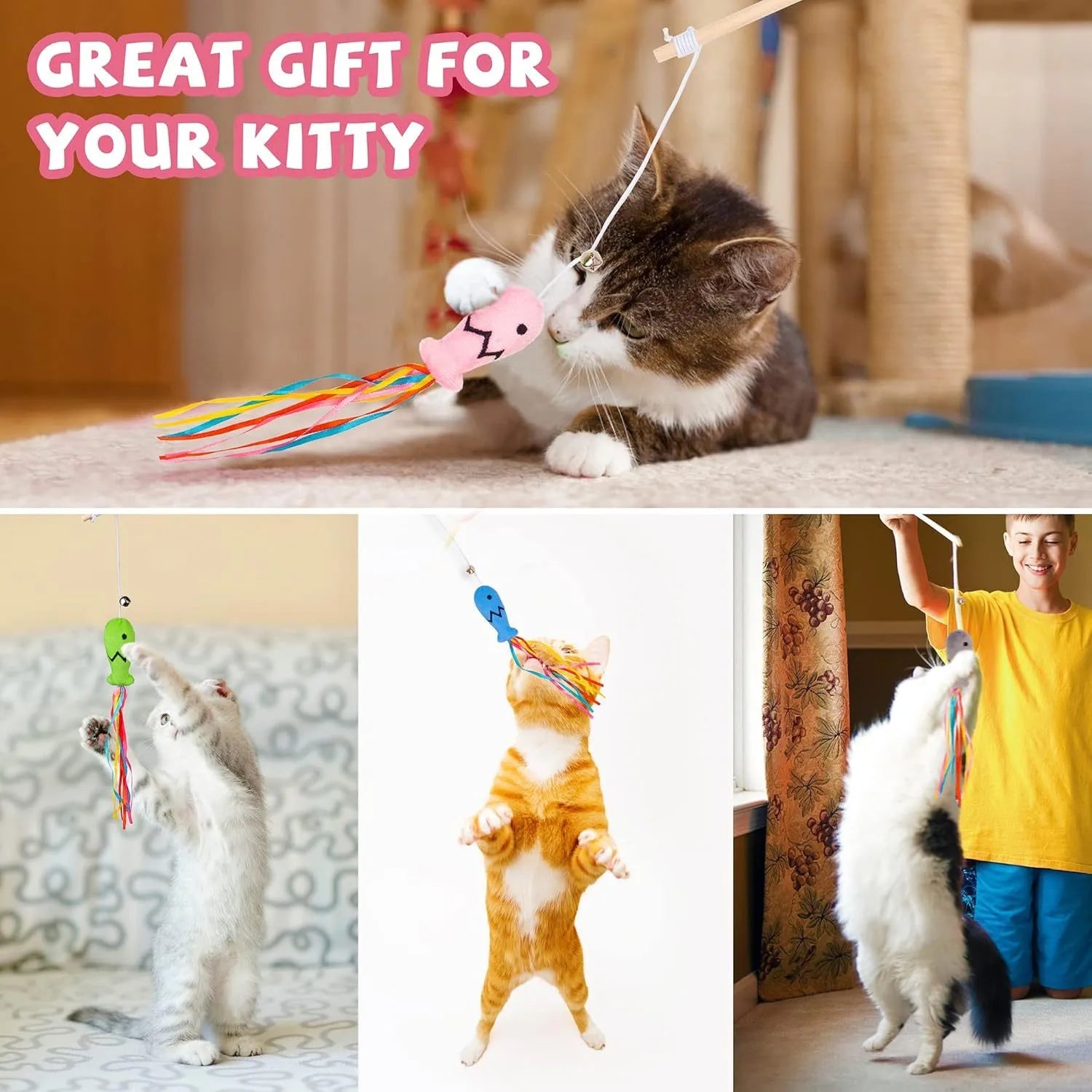 Colourful cat wand toy with ribbons, catnip fish, bell, and wooden handle.