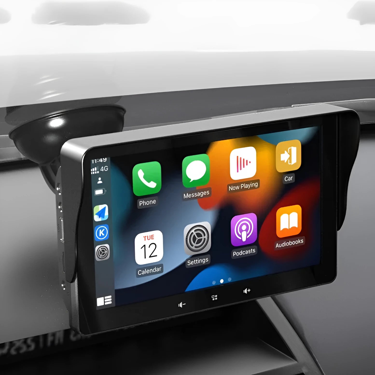 7-inch wireless CarPlay car display with suction cup mount and cigarette lighter power cable