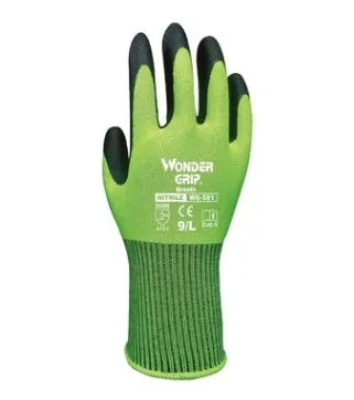 Fluorescent yellow nitrile dipped gardening gloves WG501 with knit lining and long sleeve cuffs, sizes S M L