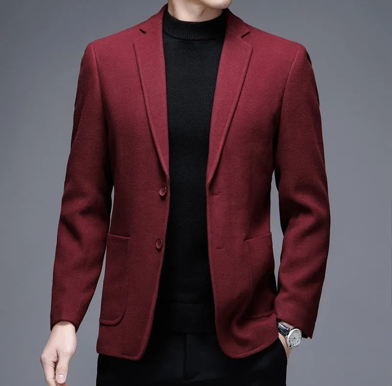 Men's solid colour woolen winter jacket with round hem and long sleeves in loose fit