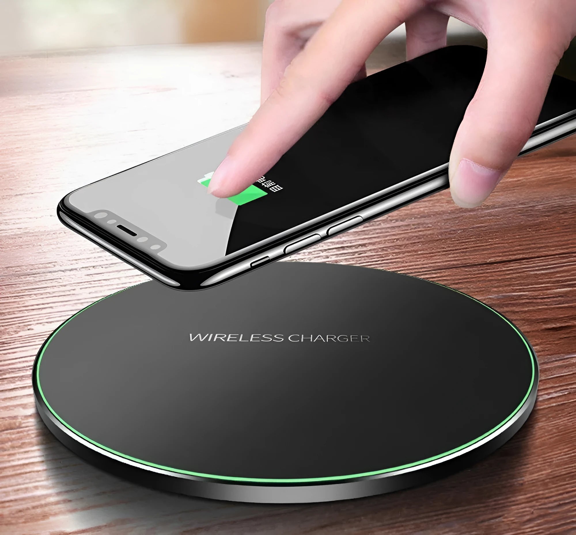 Black square ultra-thin wireless QI charging pad with dimensions 98mm by 98mm