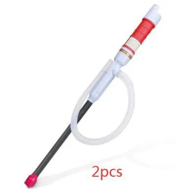 Blue and red manual siphon transfer pump for fuel, oil, and chemical liquids.