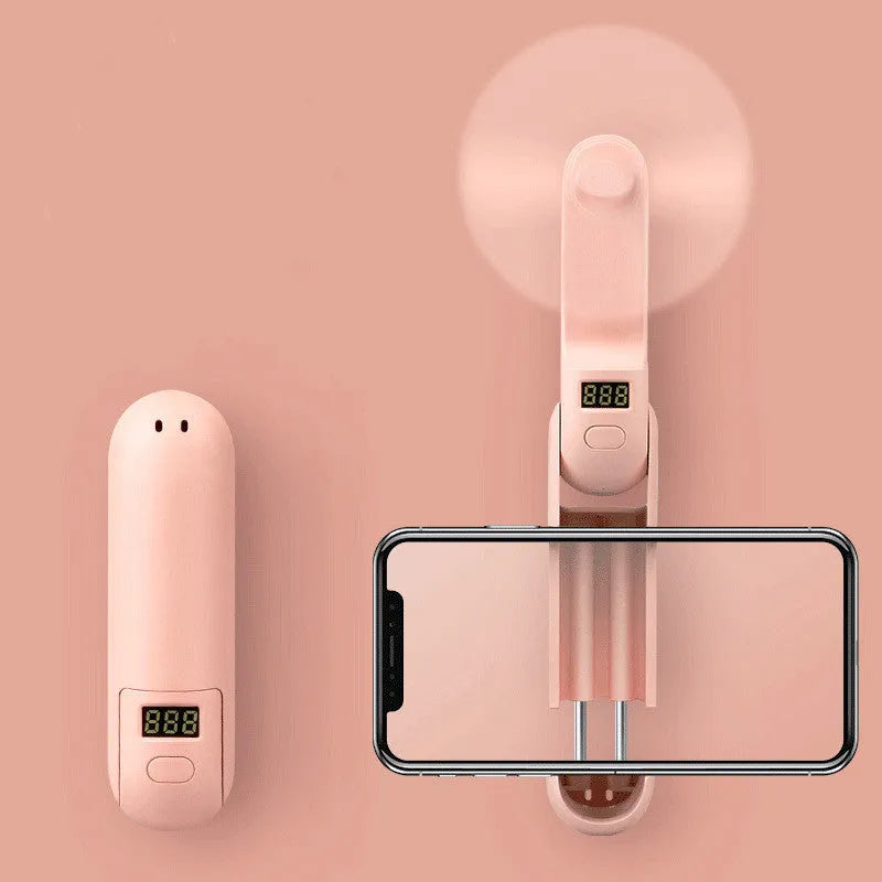 Folding mini USB fan showing collapsed blades and three colour options