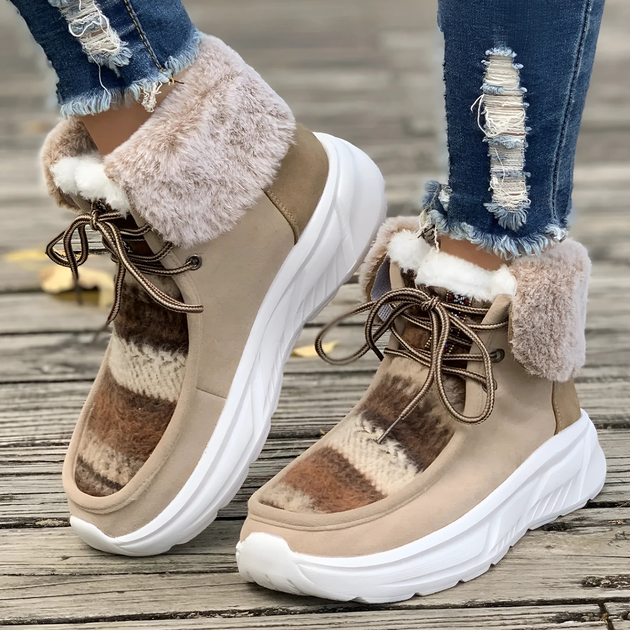 Women's beige lace-up snow boots with thermal lining and non-slip rubber soles