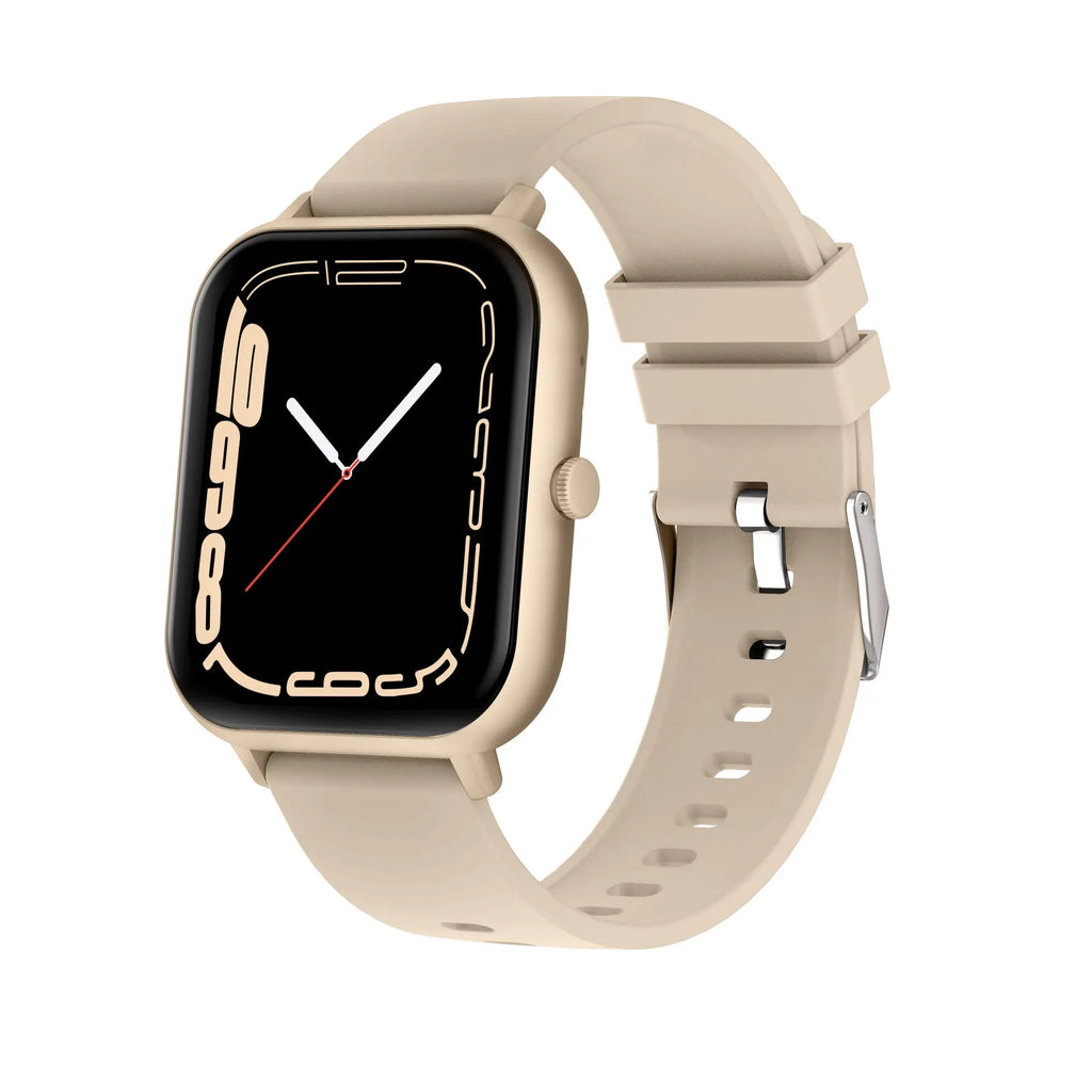 Black smart watch with AI voice control, heart rate monitor, and touch screen on a wrist.