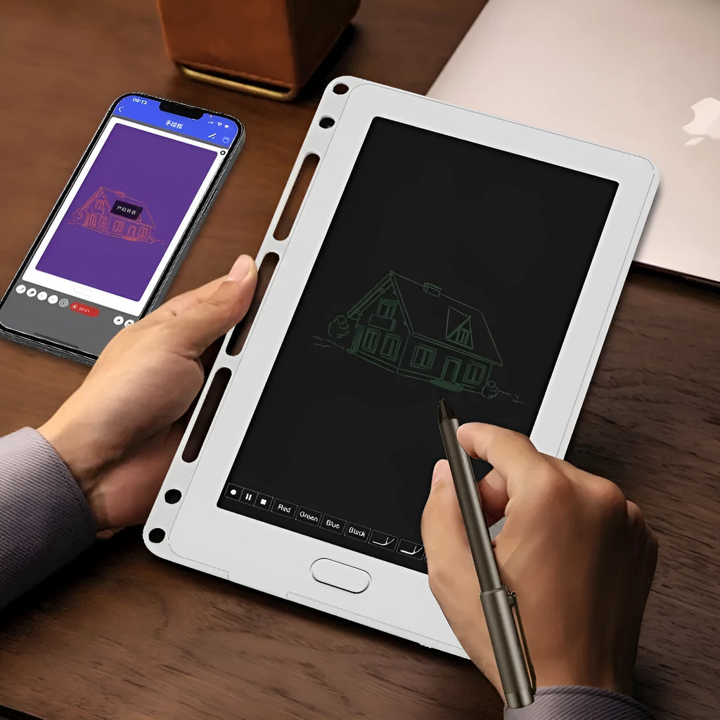 85-inch electronic writing pad with stitching design in dark blue, shown with smart pen and USB cable.