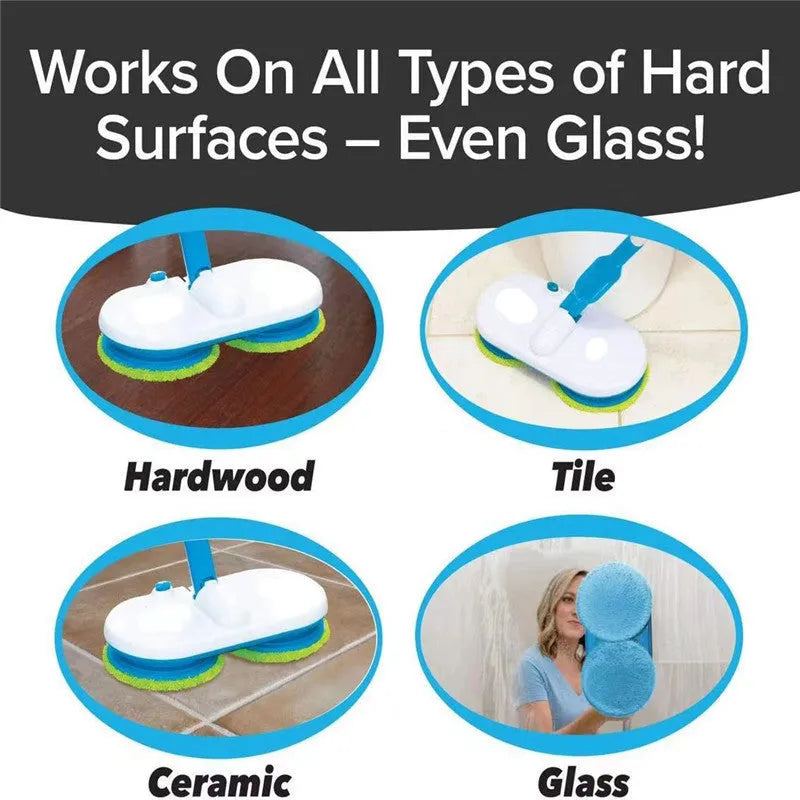 Wireless electric floor cleaning mop with multiple washable microfiber, polishing, and scrubbing pads