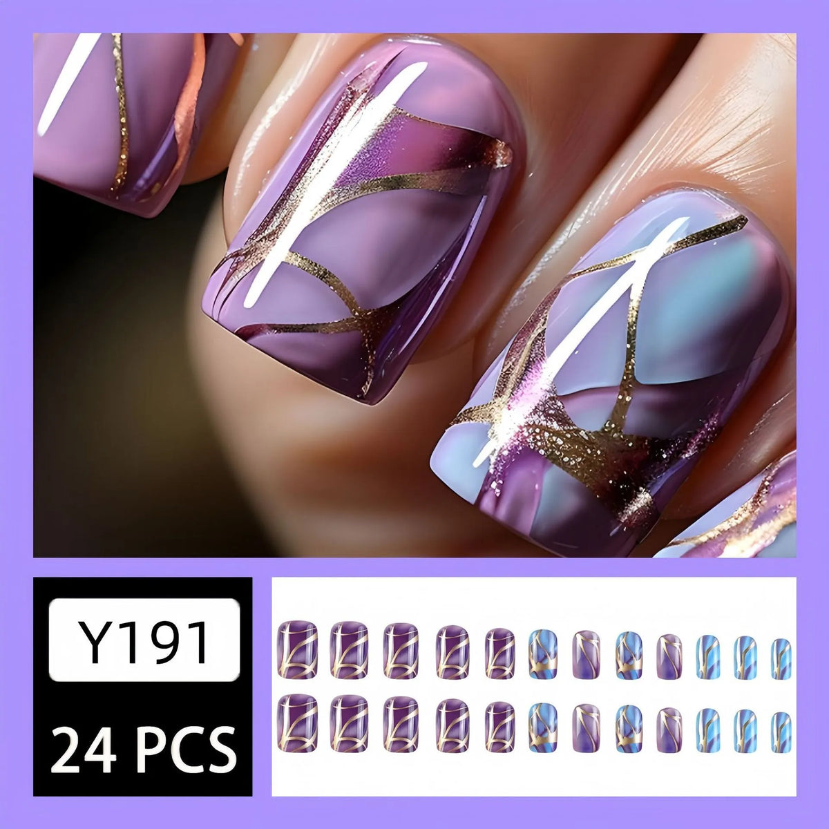 Mid-length purple and white striped nail art stickers on a clear background.