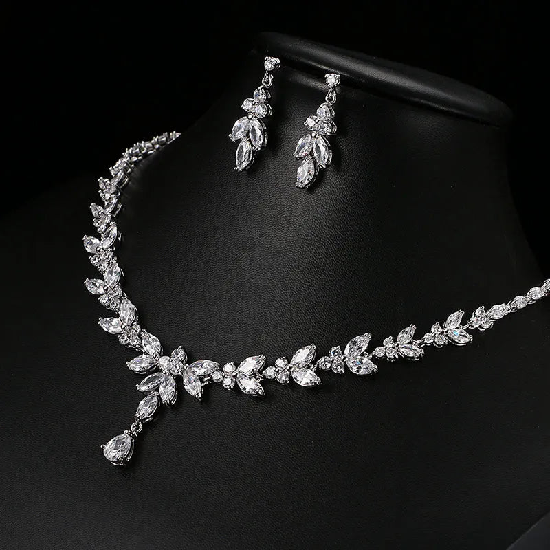Zircon simple bridal set with copper earrings, gold-plated inlaid stones, shown in Gold, Rose Gold, or Silver.