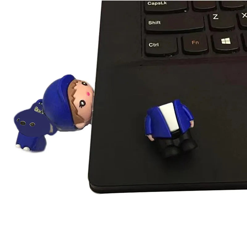 Little boy doll USB flash drive in blue silicone with write protection switch, 20 g, 32GB capacity