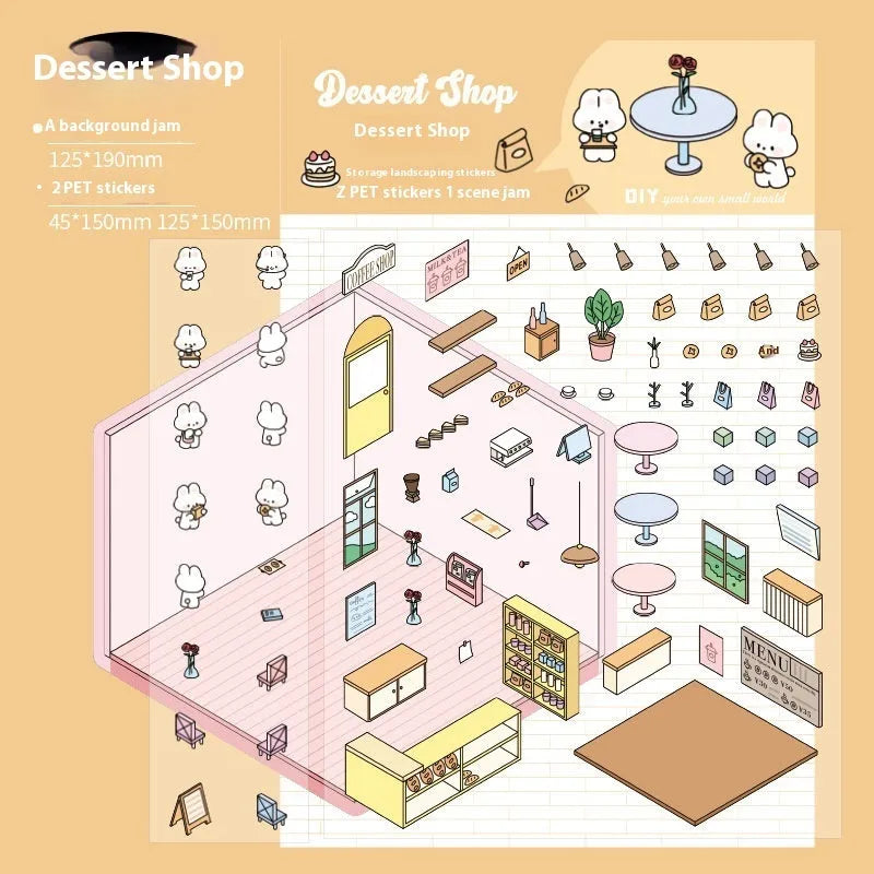 Capabala cartoon landscape 3D sticker sheet showing pre-cut self-adhesive shop scenes.