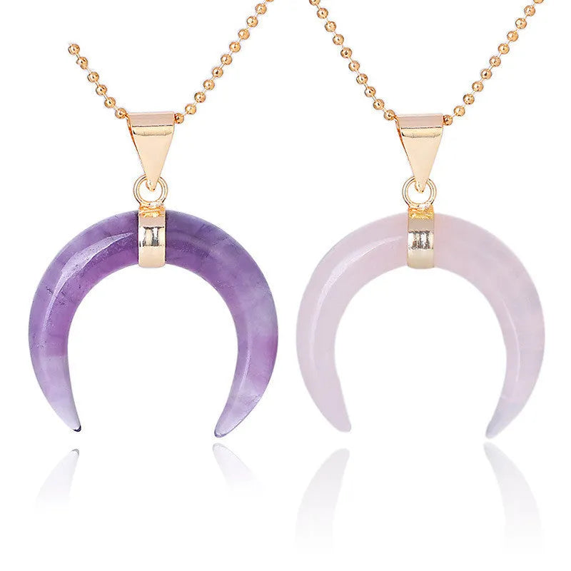 Pink or purple natural crystal moon pendant necklace on a 45cm copper chain.