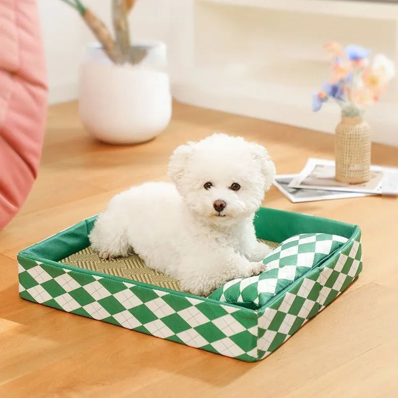 Blue woven rattan cooling mat cat bed on a fabric base, showing textured surface and low-profile design.