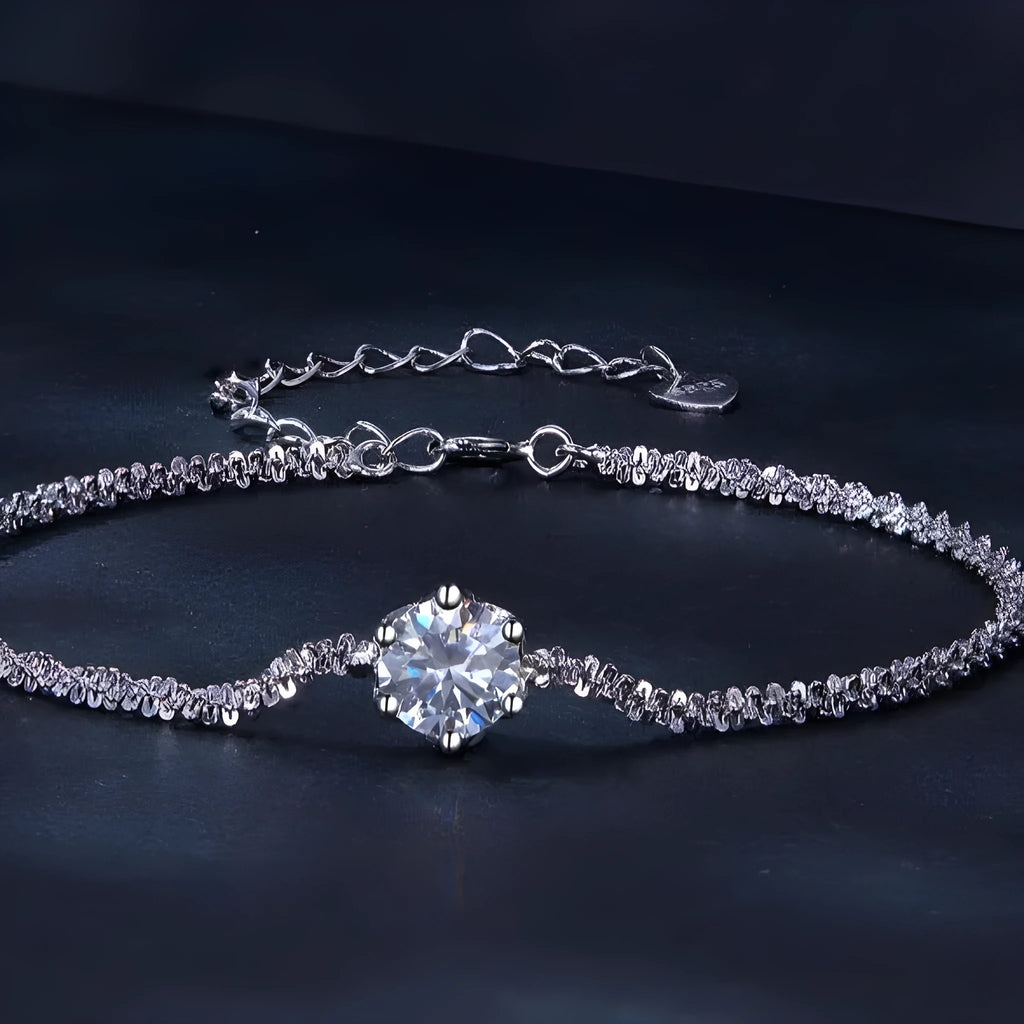 925 silver bracelet with round 1 Karat stone in six-claw setting, electroplated finish, simple style