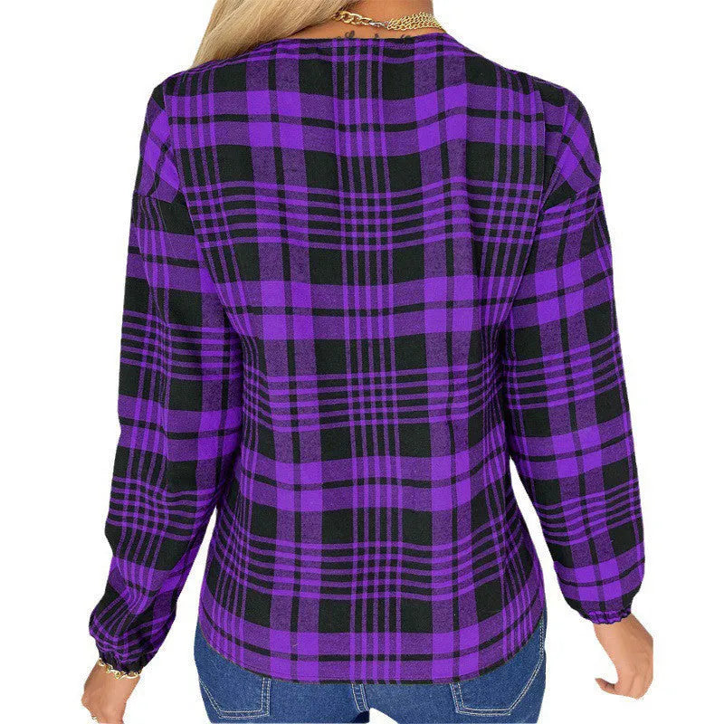 Women's loose fit plaid casual shirt in purple, grey or red with regular sleeves