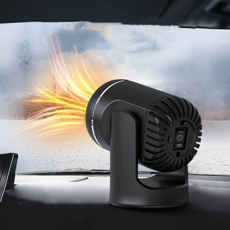 Black and white 12V compact car heater with power cord for defrosting and providing hot or cold air.