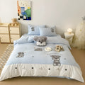Schnauzer dog cartoon pattern bedding set with embroidery on thickened cotton fabric showing quilt cover, sheet and pillowcases