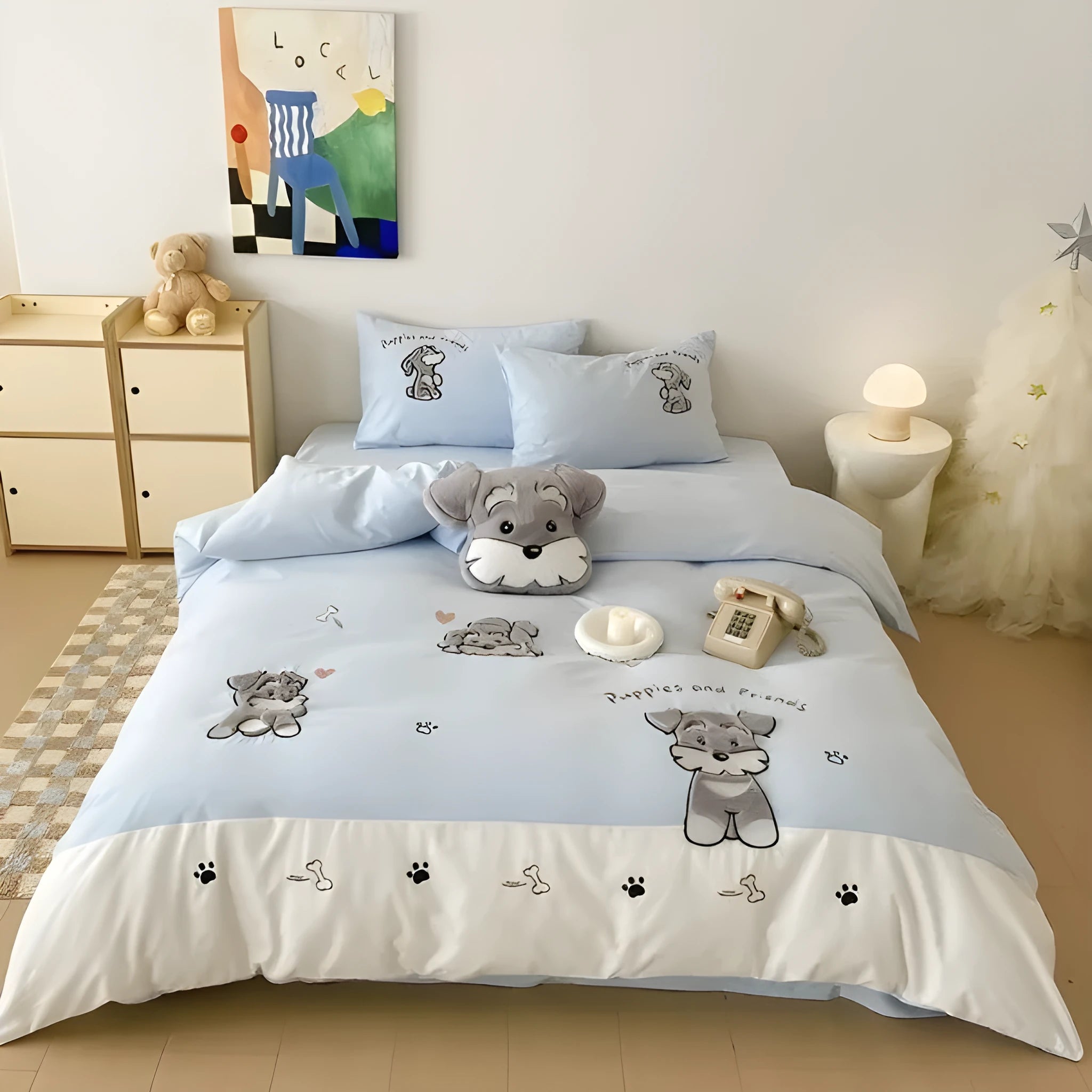 Schnauzer dog cartoon pattern bedding set with embroidery on thickened cotton fabric showing quilt cover, sheet and pillowcases