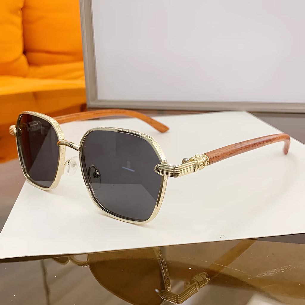 Women's frameless alloy glasses with gold frame and wood grain pattern in various lens colours for fashion and cycling