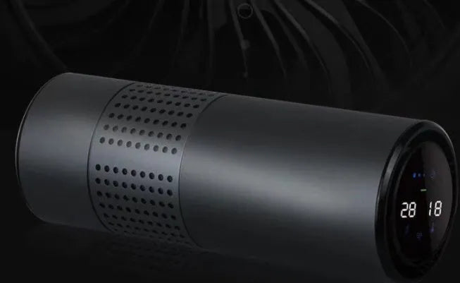 A7 aluminium alloy car air purifier with USB cable, display screen, and water cup design.