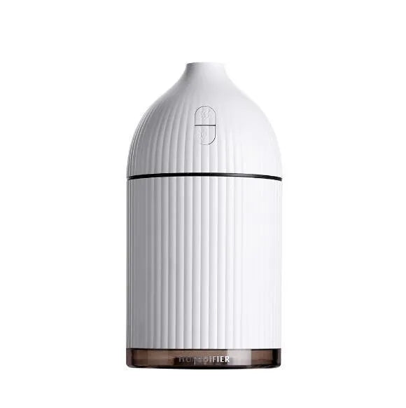 White ultrasonic aromatherapy diffuser and humidifier with LED light and 300ml capacity.