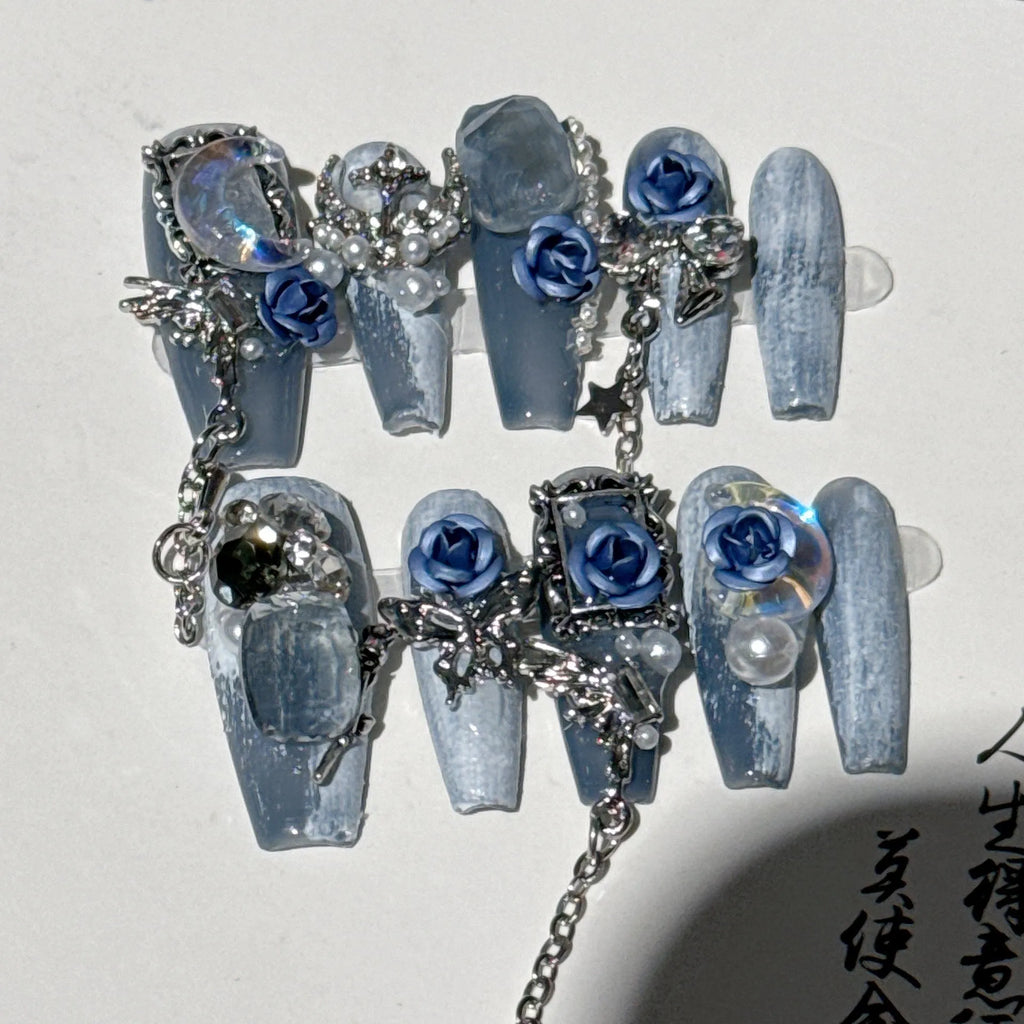 Blue night V04 evening manicure set with ornate rose floral pattern and plastic armour suit