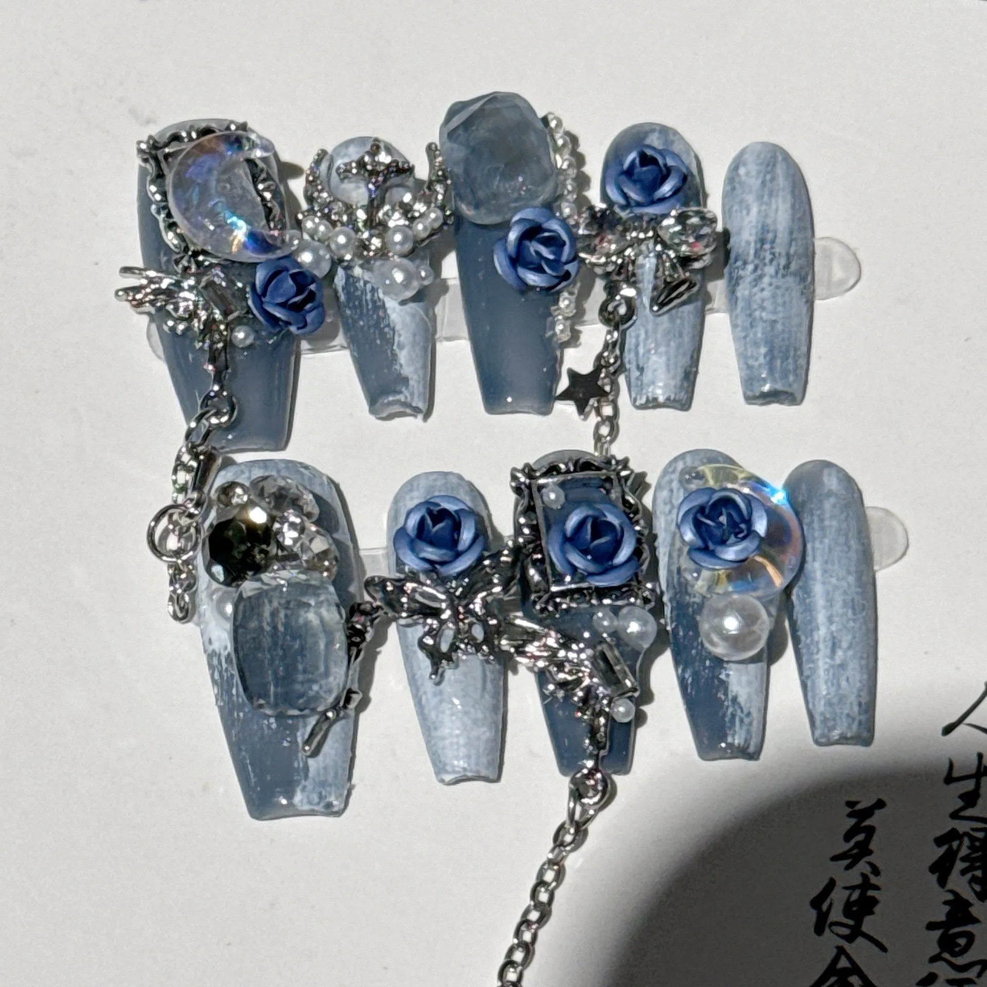 Blue night V04 evening manicure set with ornate rose floral pattern and plastic armour suit