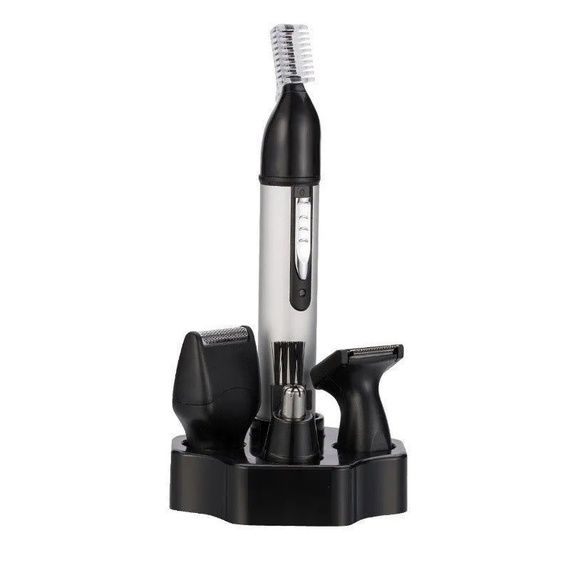 White electric nose hair trimmer with four heads, USB cable, placing base, and cleaning brush