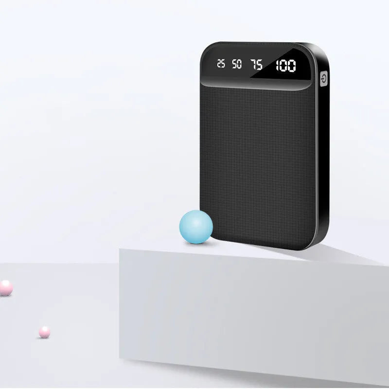 Mini power bank in plastic shell with multiple USB ports showing black, blue, pink, and white colour options